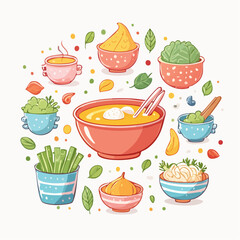 A cozy soup-themed icon set drawn in soft pastel style ideal for February comfort food themes