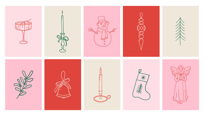 Collection of hand drawn Christmas and winter holiday icons in minimalist line art style. 