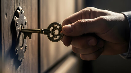 A person's hand carefully inserts a vintage, ornate metal key into a decorative keyhole on a dark wooden surface.