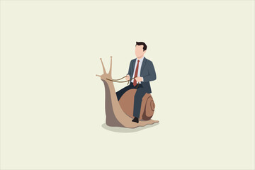 Businessman riding a snail, flat vector illustration symbolizing slow progress, patience, delayed success, and steady business growth, isolated on light background. Vector illustration.