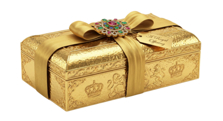 Unveiling a magnificent golden treasure chest, an elegant presentation that evokes a grand sense of discovery and a joyful epiphany of splendid giving