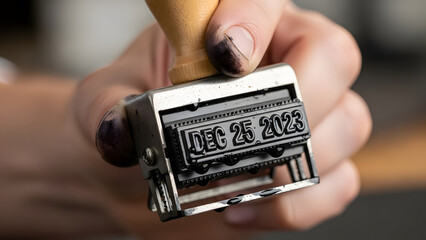 Close-up of a hand holding a vintage-style date stamp displaying December 25, 2023, ready for use.
