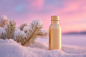 Gold water bottle standing in fresh snow beside a pine branch, showcasing a serene winter landscape with soft pastel colors in the background, ideal for outdoor lifestyle imagery