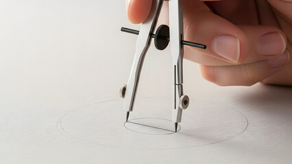 A hand carefully draws a precise geometric circle on a pristine white surface using a metal compass.