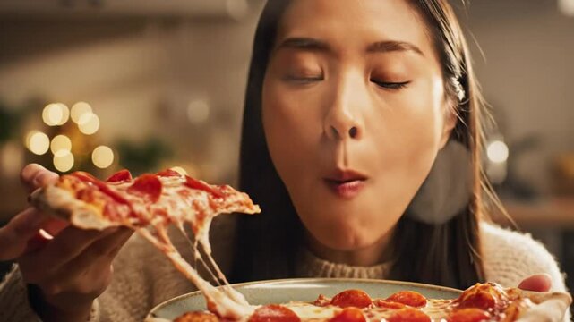 Woman enjoying a slice of pepperoni pizza with stringy melted cheese at home