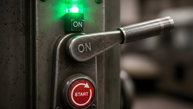 Close-up of an industrial machine control panel featuring an "ON" lever, illuminated green light, and red "START" button.