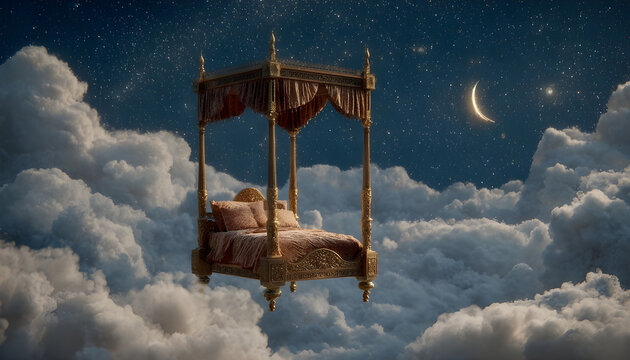 Dreamy Floating Bed in a Cosmic Sky - This surreal video features an ornate, four-poster bed suspended among fluffy clouds set against a starry night sky