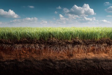 Cross-section view of fertile soil layers with green wheat grass growing on top showing visible root systems and rich brown texture.