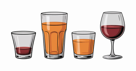 Glasses With Beverages, Four Different Drink Types Showing Varied Liquid Levels, Transparent Glassware and Modern Vector Illustration