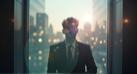 A silhouette figure stands framed by a tall window, gazing at a bustling urban cityscape during a sunny dusk. The scene is blurred, with the sun's glow highlighting the skyline's structures.