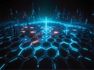 A futuristic, cybernetic landscape with glowing blue hexagonal platforms and vertical data towers under a dark skyevoking a high-tech digital cityscape.