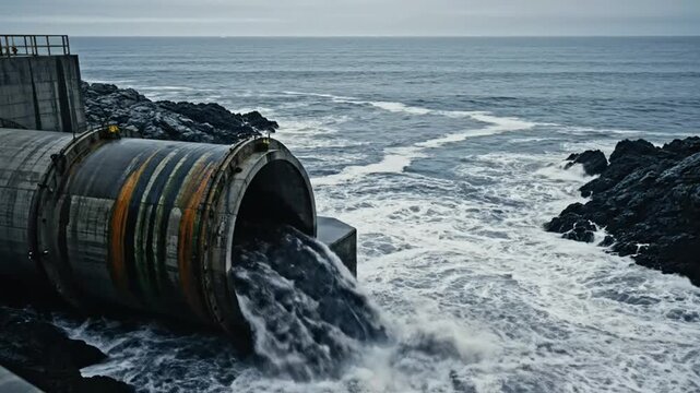 Large Concrete Pipe Discharging Wastewater into the Ocean on a Cloudy Day, Polluting Coastal Waters
