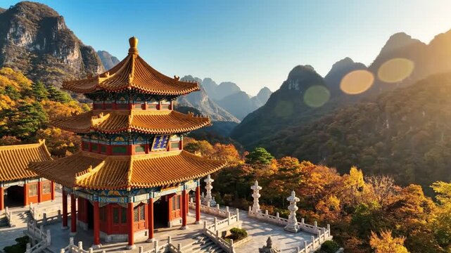 Scenic aerial view of an ornate traditional Chinese pagoda in a lush autumn mountain landscape during sunset
