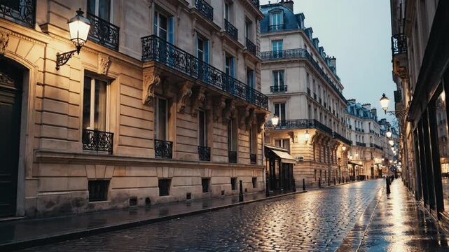 Rainy street in paris with classical architecture and warm lights, cobblestone road