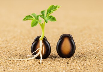 Tamarind Seedling Emerging with Roots and Leaves Beside Dormant Seed in Soil