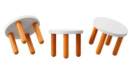 Three Minimalist White Stools with Wooden Legs Isolated on White Background