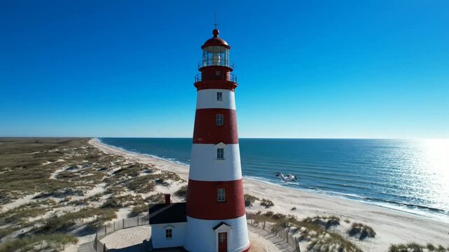 Drone perspective of a red and white striped lighthouse on a sandy beach by the ocean on a bright sunny day