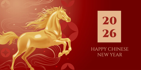 Chinese Zodiac Horse 2026 Lunar New Year Golden Illustration