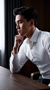 Overthinking Asian Businessman Pondering Serious Decisions