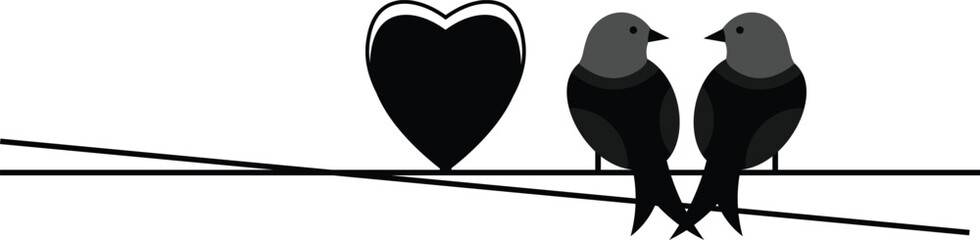 Two birds sitting on wire with heart symbol nearby