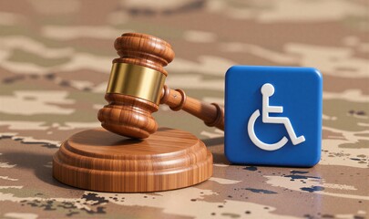 Wood gavel beside blue wheelchair symbol on camouflage background, representing accessibility law.