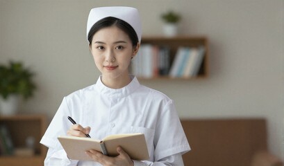 Young nurse in white uniform writes notes, calm and professional in a cozy hospital room.