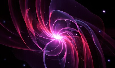 Vibrant pink spiral galaxy swirls into radiant core, glowing stars dance in cosmic vortex.