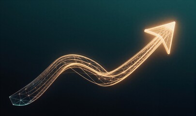 Golden upward arrow, glowing wireframe design against dark background. Futuristic growth symbol.