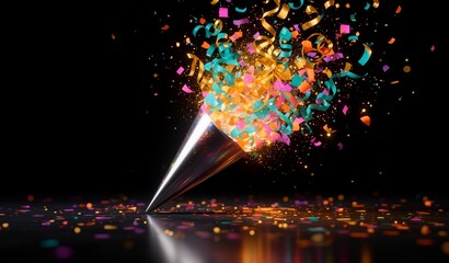 Colorful confetti bursts from silver party popper against dark background, celebrating joy and festivity.