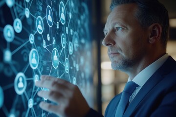 Man interacts with a digital network interface, exploring interconnected nodes representing individuals or data points