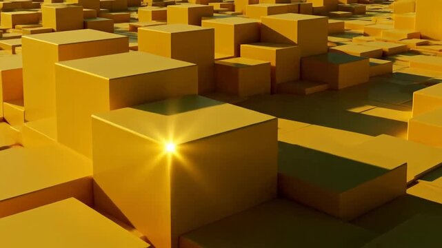 Dynamic arrangement of shiny yellow cubes creates an abstract geometrical landscape.