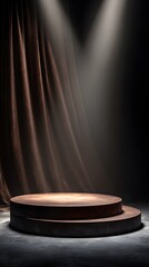 Empty round wooden podium stand for product display with an elegant dark brown curtain background and dramatic stage spotlighting.
