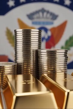 Stacks of Coins on Gold Bars with US Federal Reserve Logo.