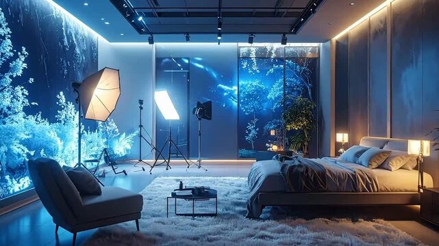 Modern bedroom set with photo studio lighting, minimalist design, and elegant textures.