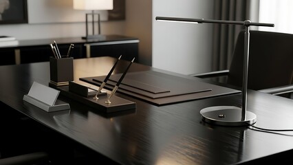 Modern Office Desk with Sleek Lamp and Organized Workspace.