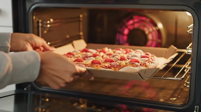 Putting a pepperoni pizza on a cardboard tray into a preheated oven to bake, preparing a meal