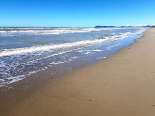 Sandy beach and blue sky. Beautiful seascape. Nature composition.