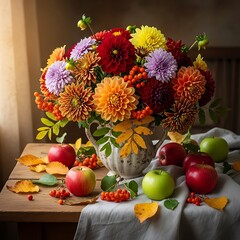 Autumnal Still Life - Dahlias, Apples, and Rowan Berries in Warm Light.