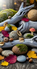 Autumnal Still Life - Mossy Stones, Leaves, and Woodland Treasures.