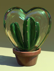 A  cactus enclosed in a glossy green glass heart, symbolizing protected love, emotional resilience, and trust. Protected Love Concept.