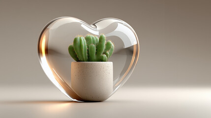 A modern still life featuring a cactus protected inside a glossy heart-shaped glass form. Modern love and resilience concept.