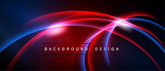 Abstract design features vibrant red, blue glows. Dynamic curves create futuristic feel. Dark background emphasizes bright elements.