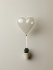 A minimalist composition featuring a small cactus connected to a floating heart-shaped balloon. This image expresses simplicity, emotional vulnerability, and modern romance.Modern Love Concept.