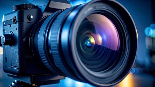 Close-up of a modern digital camera with a large lens against a bokeh background.