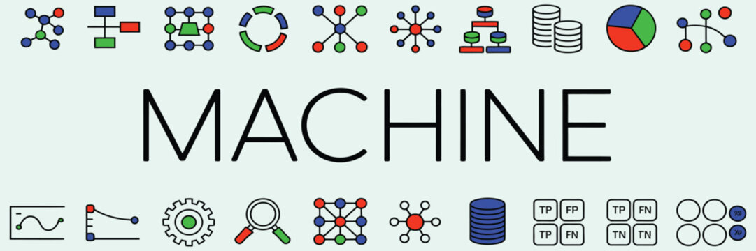 vector machine learning icons set representing algorithm models artificial intelligence data processing neural networks deep learning and smart technology systems.