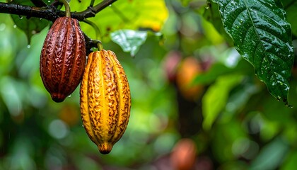 Cocoa pods ripening on the tree in a tropical rainforest.