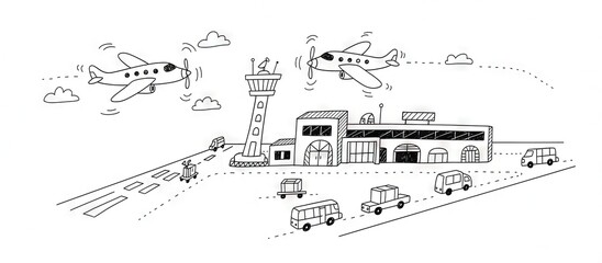 Airport and airplane travel simplistic doodle/scribble drawing