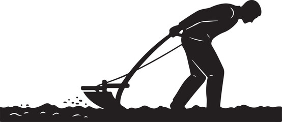 Silhouette of a farmer plowing a field, depicting traditional agriculture, manual labor, and rural life © amodha