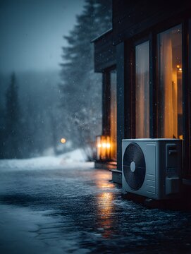 Outdoor air conditioning heat pump unit installed on a modern snowy porch featuring sleek architectural lines and falling snowflakes.