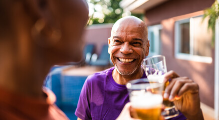 Happy senior African American man clinking beer glasses with a friend at an outdoor backyard party.